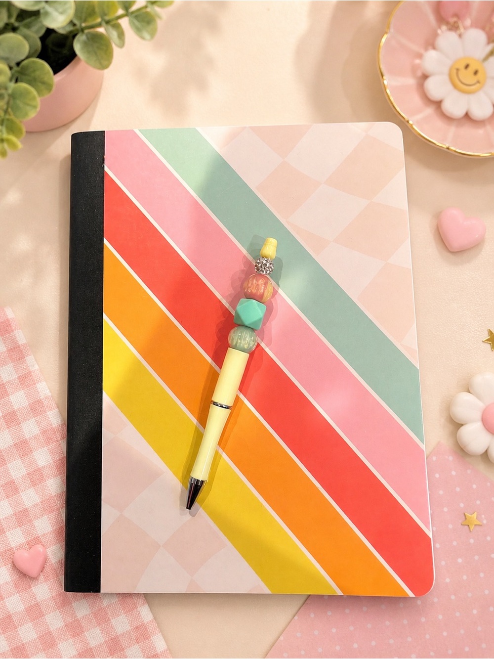 Handmade beaded pen with Striped Rainbow Notebook with Pastel Accents